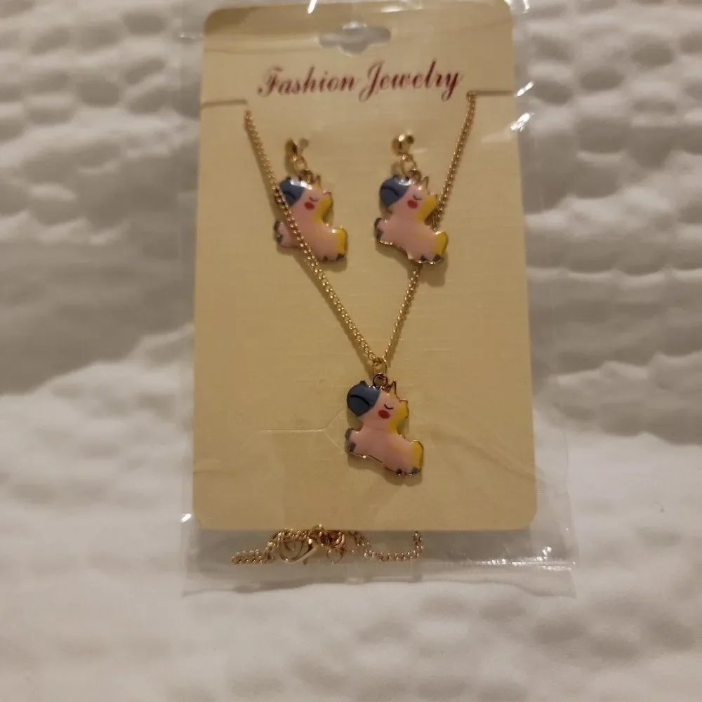 Fashion Jewelry Girls Multicolor Unicorn Charm Necklace With Earring Set
